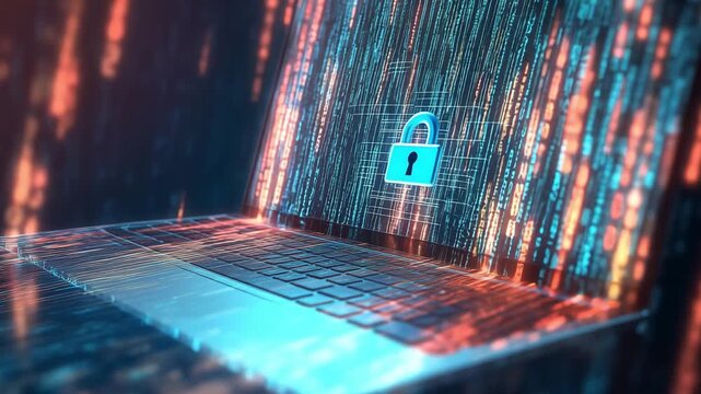 A digital visualization shows a lock symbol over computer graphics representing data protection and security technology in a network