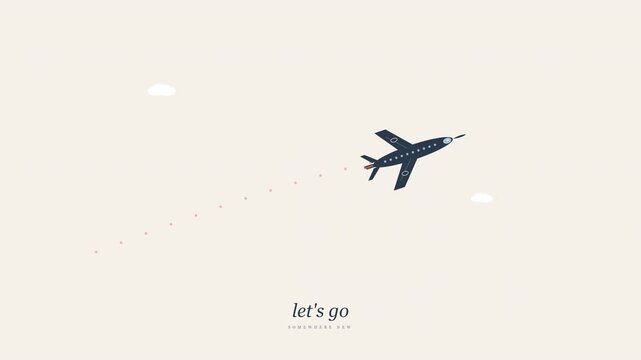 Minimalist illustration of a dark blue airplane flying through a pale sky with small clouds and pink dots trailing behind, text 'let's go somewhere new'