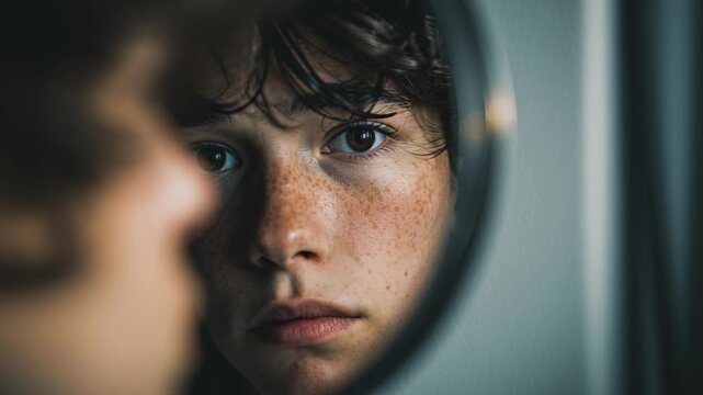 young person looking in mirror confident expression, natural skin texture, self identity, raw photography