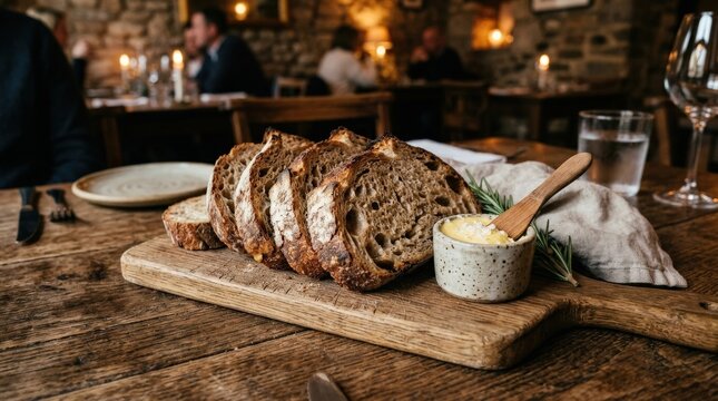 Sliced bread served in a restaurant, rustic table bread concept, warm fresh bakery texture, realistic detail, no logos