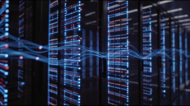 Futuristic data center with server racks.