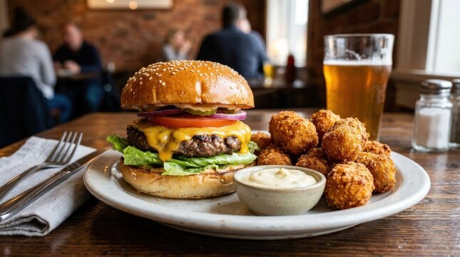 Cheeseburger with croquette side dish, hearty fast-food plate with crispy fried accompaniment and rich textures, realistic detail, no logos