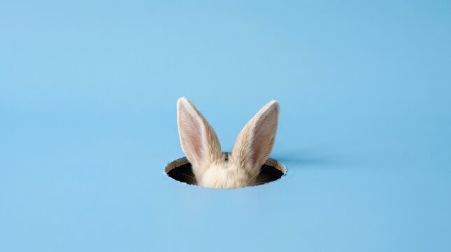 Rabbit ears peeking from a hole on blue background, Easter concept with playful minimal composition and copy space, realistic detail, no logos