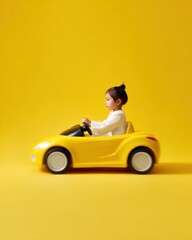 Fototapeta premium little girl driving toy electric car on yellow background playful childhood concept