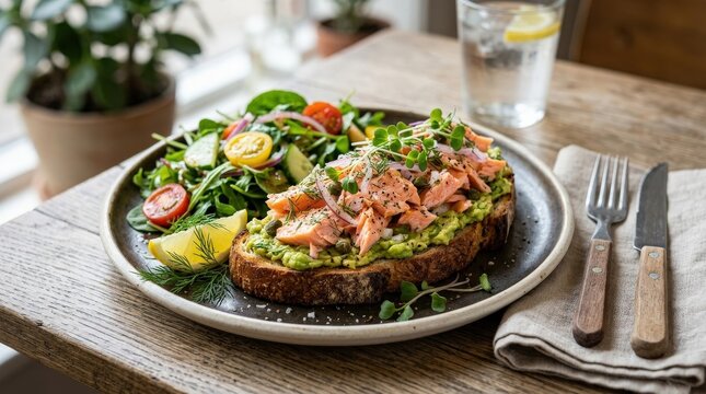 Salmon tartine with avocado and salad, fresh gourmet open sandwich with healthy ingredients and clean plate styling, realistic detail, no logos