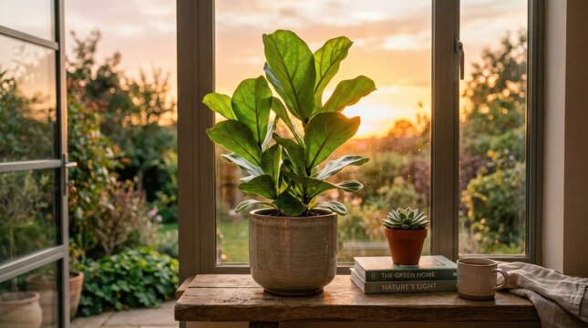 Green plant in pot glowing at sunset, serene botanical lifestyle concept with warm backlight and calm modern composition, realistic detail, no logos