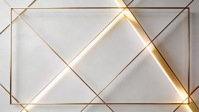 Modern luxury white abstract gold light with white luxury background with gold swirl ornament and thin gold frame border, minimal premium composition, soft glow lighting