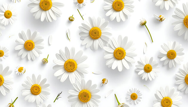 Field of fresh daisies with yellow centers and white petals scattered across a clean white background, spring floral pattern