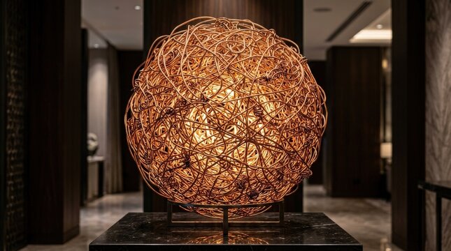 Glowing sphere of tangled copper wires, luxury abstract sculpture with warm metallic glow and intricate modern texture, realistic detail, no logos