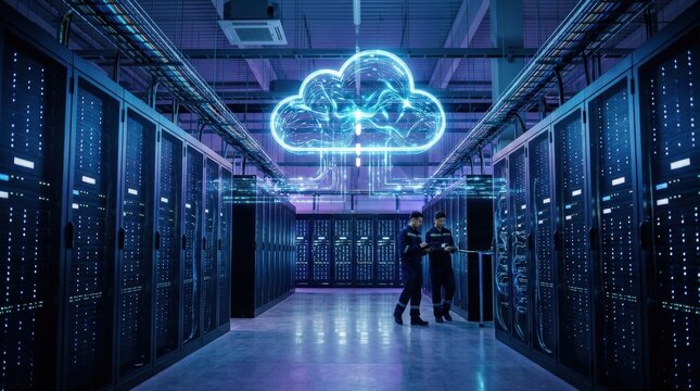 Server room with glowing cloud icon, cloud computing concept, data center technology, illuminated racks and modern digital infrastructure, cool futuristic lighting, no logos