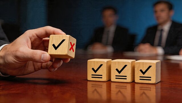 Business decision making risk management strategy in corporate meeting selecting options choosing right path over wrong alternative evaluating choices for successful outcome