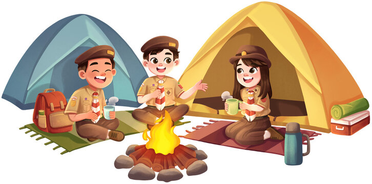 Indonesian Pramuka Scouts Camping with Tent and Campfire Illustration