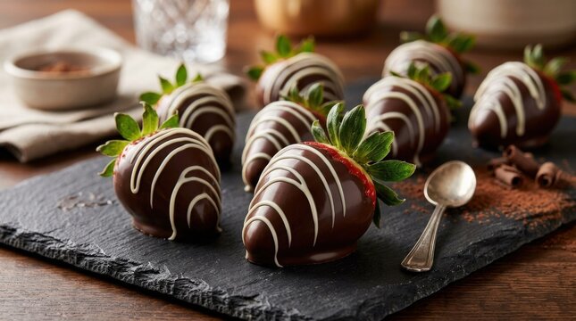 Dark chocolate covered strawberries with white drizzle, luxury dessert close up, rich sweet treat, indulgent confection concept, glossy texture, appetizing studio lighting, no logos