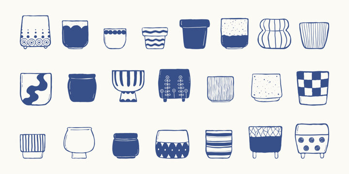 Hand drawn blue ink vector set of decorative flower pots and planters, in a whimsical boho style. Ideal for gardening, home decor, packaging, prints, stickers, and floral themed branding.
