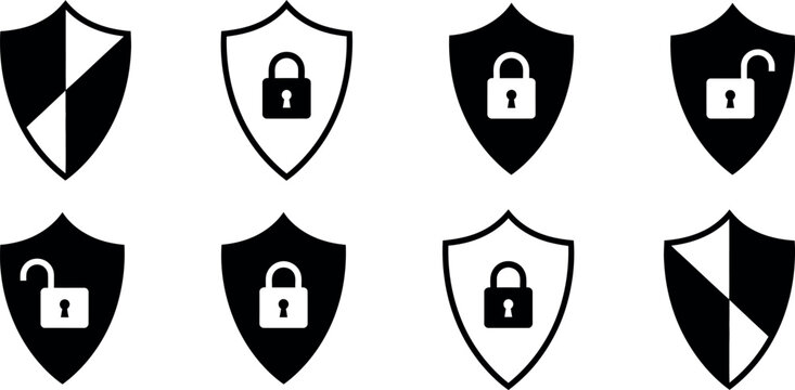 Security shields with locks a collection of black and white icons