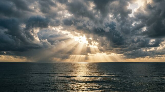 Sunlight rays breaking through dramatic clouds over a vast ocean horizon, peaceful seascape with cinematic sky and calm atmospheric depth, realistic detail, no logos
