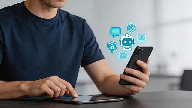 Businessman using smartphone tablet device working in office with chatbot icon artificial intelligence machine learning technology concept modern software applications