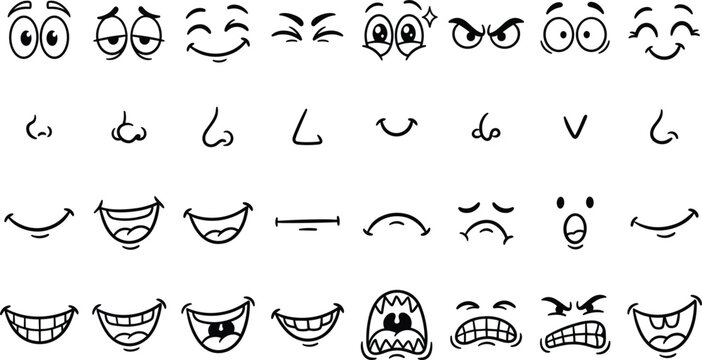 Cartoon Facial Expressions Set with Eyes, Noses, and Mouths for Emotions and Character Design in Minimalist Black and White Style.