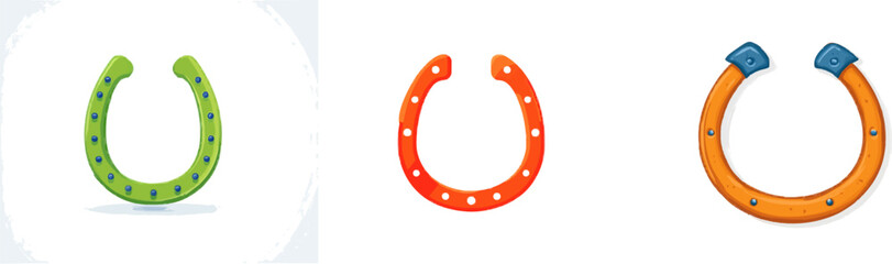 Naklejka premium A vibrant green horseshoe adorned with blue rivets stands isolated on a pristine white background, exuding luck and simplicity in its flat vector illustration style