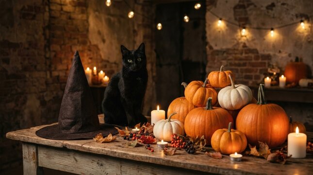 Black cat beside pumpkins and witch hat on wooden table, Halloween still life, festive autumn decor, warm moody light, no logos