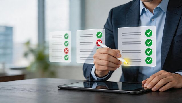 Businessman selecting digital checklist options with smart tablet modern office technology interaction futuristic user interface selection process high efficiency workflow