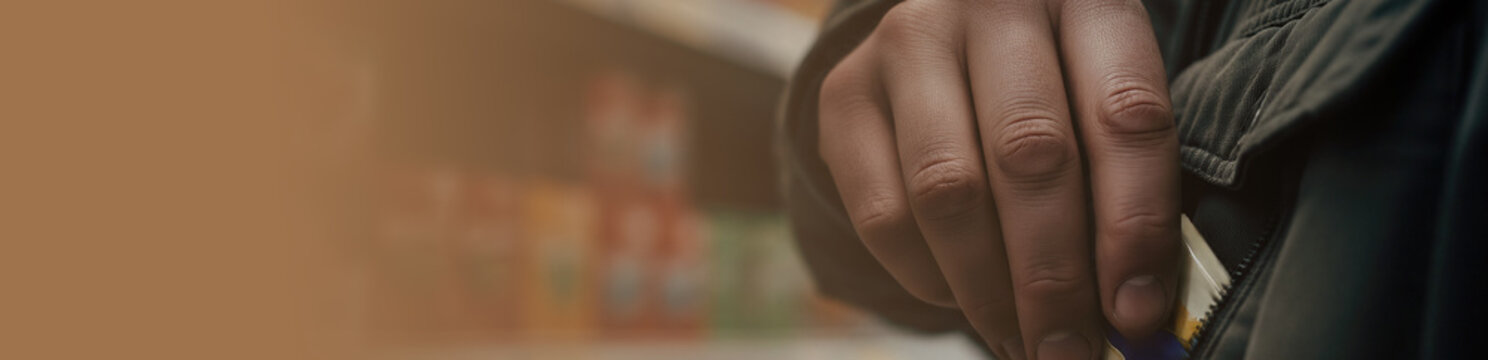 Man hand hiding stolen product into pocket. Shoplifter during supermarket theft. Crime and illegal activity in retail store. Banner with copy space