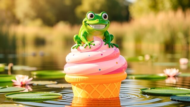 Happy frog sitting on an inflatable ice cream float in a lake. Fun summer pool toy bobbing on water with water lilies. Whimsical concept of outdoor recreation and leisure time.