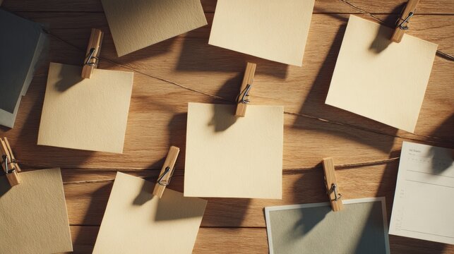 Notes hanging from a string line with wooden clothespins against a warm wooden background