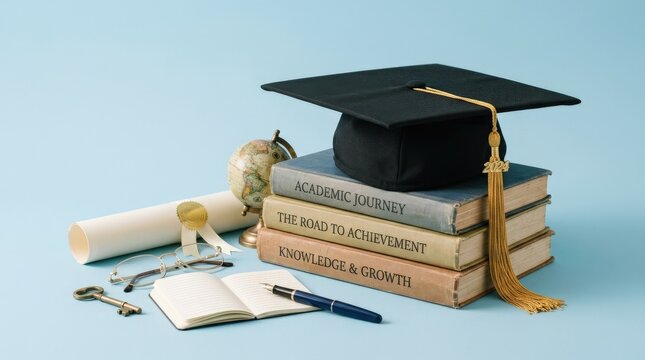 School books with accessories and graduation cap on light blue background, education achievement concept, clean academic arrangement with copy space, bright studio light, realistic detail, no logos