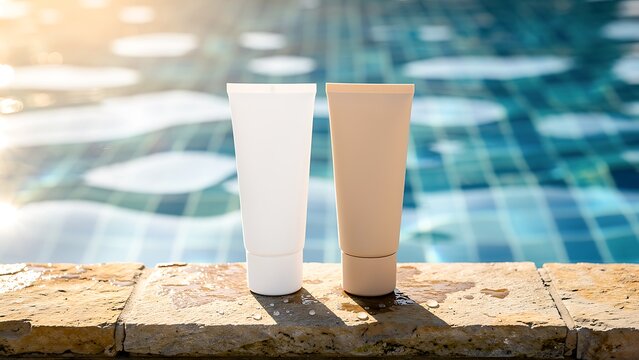 Sunscreen tubes on stone poolside. Cosmetic skincare product for summer protection against ultraviolet rays. Moisturizing cream packaging for body care, travel and outdoor activity.