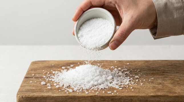 Hand pouring fine salt over coarse salt crystals, seasoning and texture concept, close up culinary detail, clean studio light, realistic detail, no logos