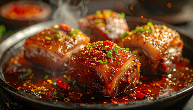 Four pieces of savory glazed pork belly with chili flakes and chopped scallions in a dark sauce, served hot and steaming, ideal for food blogs and restaurant menus