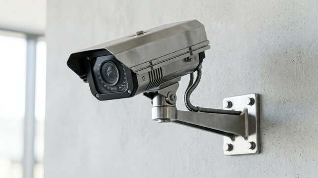 Metallic security camera with wall mount bracket on a clean background, surveillance technology concept with sharp industrial detail and modern safety theme, no logos