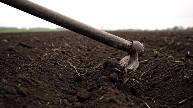 A close-up of a hoe digging into dark soil in a field representing farming and agriculture with a focus on manual labor and cultivation