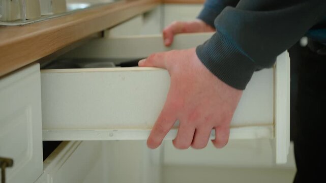 Pulling out kitchen drawer from cabinet for plumbing repair access, home renovation preparation. Hands sliding cutlery drawer from kitchen unit, interior maintenance workflow. Opening cabinet storage