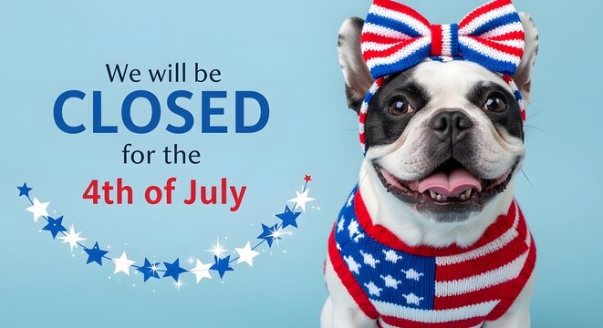 4th of july holiday closure sign with cute dog