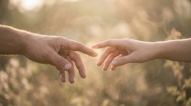 Two hands reaching toward each other in softly lit ethereal setting, connection and hope concept, gentle human touch scene, dreamy atmosphere, warm diffused light, no logos