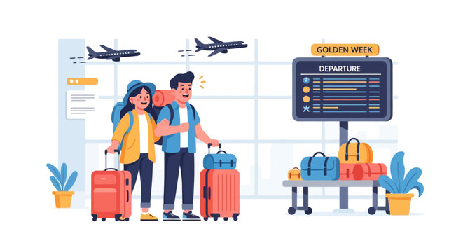 Couple with luggage at airport departure lounge ready for travel.