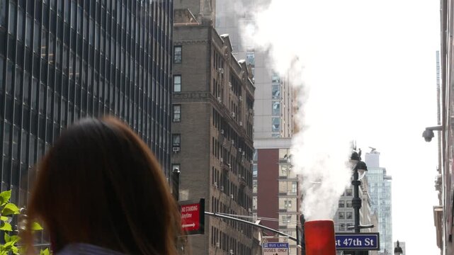 New York City Midtown East urban tall building architecture, Manhattan Lexington avenue, United States of America street. Skyscraper towers of business district, USA. Hot steam smoke vapor. Turtle Bay