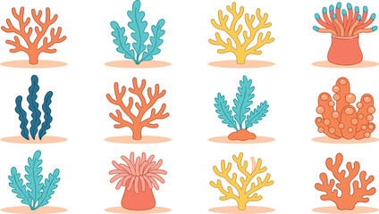 Flat Coral Reef Icon Set with Colorful Marine Corals, Sea Plants, and Underwater Elements for Ocean Design, Aquarium Graphics, and Tropical Illustration Projects © MstSuborna