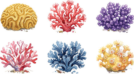 Detailed Coral Reef Vector Illustration Set Featuring Brain Coral, Branching Coral, and Marine Reef Elements for Underwater Design, Ocean Life Themes, and Nature Graphics © MstSuborna