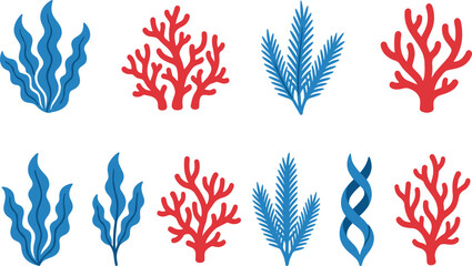 Minimal Blue and Red Coral Reef Vector Icon Set Featuring Seaweed, Marine Plants, and Underwater Elements for Ocean Design and Coastal Illustration Projects © MstSuborna