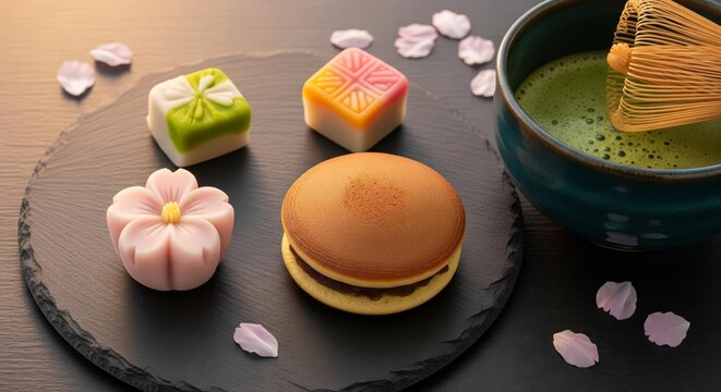 Traditional Japanese Dorayaki and Nerikiri Wagashi on Slate Plate Beside Matcha Green Tea