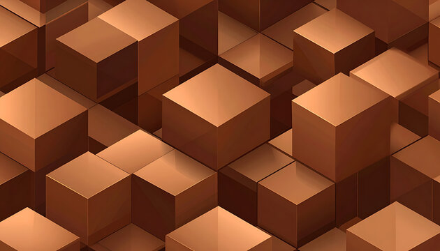 Geometric copper cubes pattern, isometric grid with cubic shapes in shades of bronze, abstract texture background for design