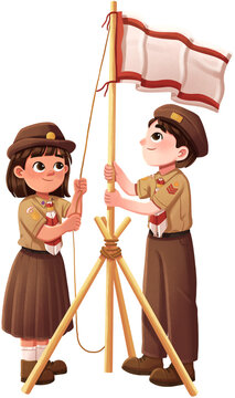 Indonesian Pramuka Scouts Raising Flag Illustration
