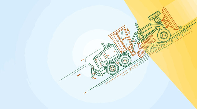 Stylized line art illustration of two heavy-duty snowplows or road graders working on a diagonal split background of blue and yellow.