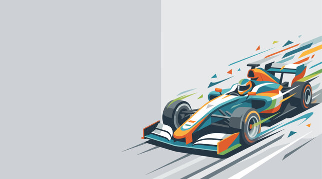 A dynamic illustration of a modern open-wheel racing car speeding with colorful abstract motion lines on a grey background.