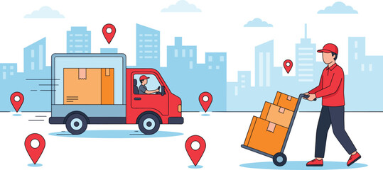 Logistics and Fast Delivery Service with Courier Truck and Worker Pushing Parcel Boxes on Hand TrolleyLogistics and Fast Delivery Service with Courier Truck and Worker Pushing Parcel Boxes on  © Arif Ahmed