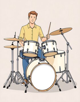 Man playing drums with drumsticks enthusiastically.