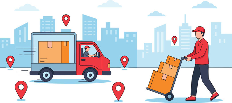 Logistics and Fast Delivery Service with Courier Truck and Worker Pushing Parcel Boxes on Hand TrolleyLogistics and Fast Delivery Service with Courier Truck and Worker Pushing Parcel Boxes on 